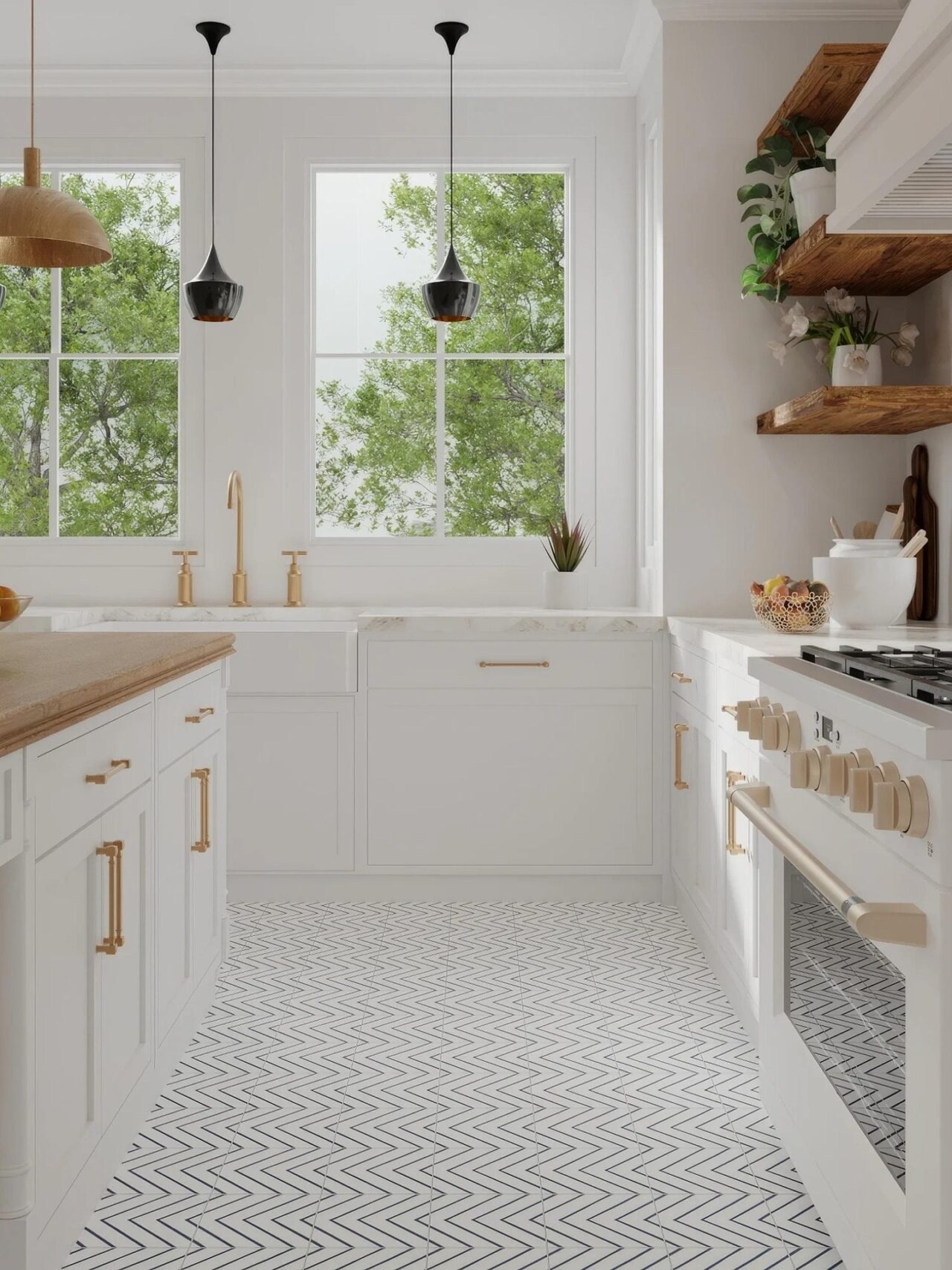 White galley kitchen with open wood shelves and a garden-facing window.
